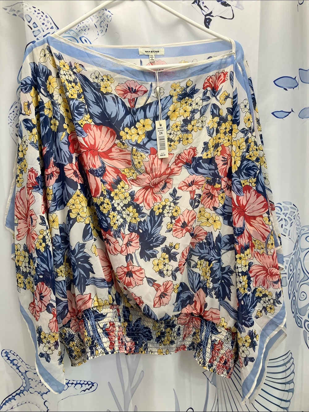 Max Studio Floral Boatneck Tunic - Blue, Pink & Yellow